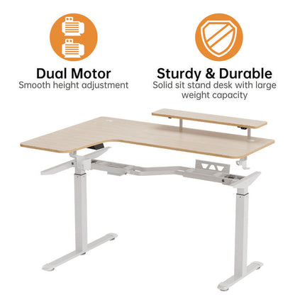 L-Shaped Standing Desk with Keyboard Tray, Left Desk, 61.25" x 43.25" x 34.38" to 52.88", Maple White/White