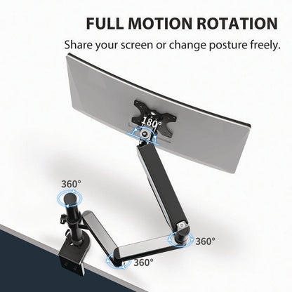 Single Monitor Arm, For 32" Monitors, 90 deg Rotation, 35 deg Tilt, 360 deg Pan, Black, Supports 17.6 lbs