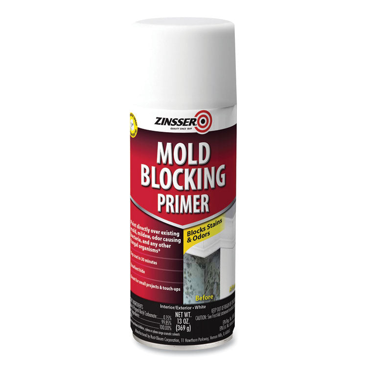 Mold Blocking Primer Spray, Interior/Exterior, Flat White, 13 oz Aerosol Can, 6/Carton