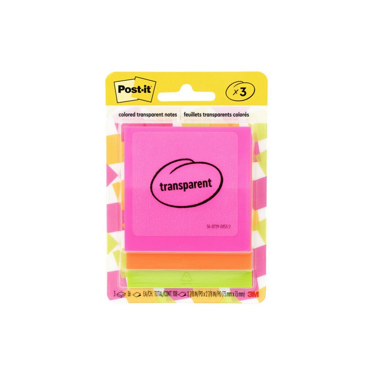 Transparent Notes, 2.88" x 2.88", Assorted Colors, 36 Sheets/Pad, 3 Pads/Pack