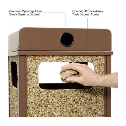 Stone Panel All Weather Trash Receptacle Urn, 12 gal, Steel, Brown