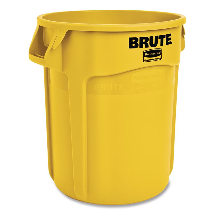 Vented Round Brute Container, 10 gal, Plastic, Yellow