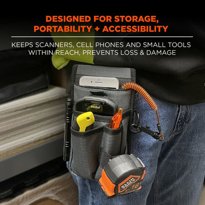 Arsenal 5568 Belt Loop Tool Pouch with Device Holster, 4 Compartments, 5 x 2 x 8.5, Polyester, Gray