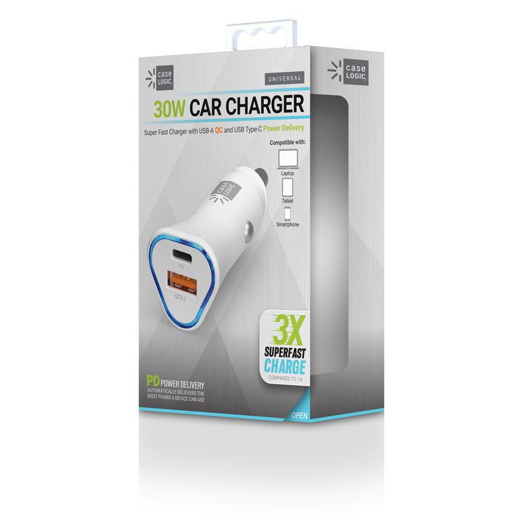 PD Car Charger, 30 W, Two-3 A Ports, White