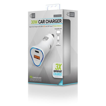 PD Car Charger, 30 W, Two-3 A Ports, White