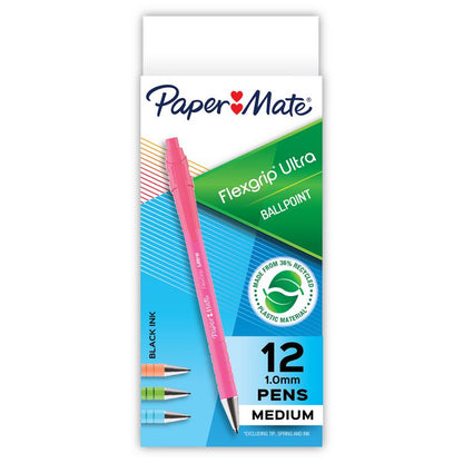 FlexGrip Ultra Recycled Ballpoint Pen, Retractable, Medium 1 mm, Black Ink, Assorted Barrel Colors, Dozen