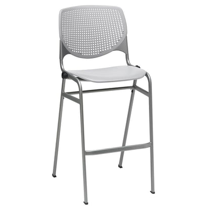 Pedestal Bistro Table with Four Light Gray Kool Series Barstools, Round, 36" Dia x 41h, Designer White