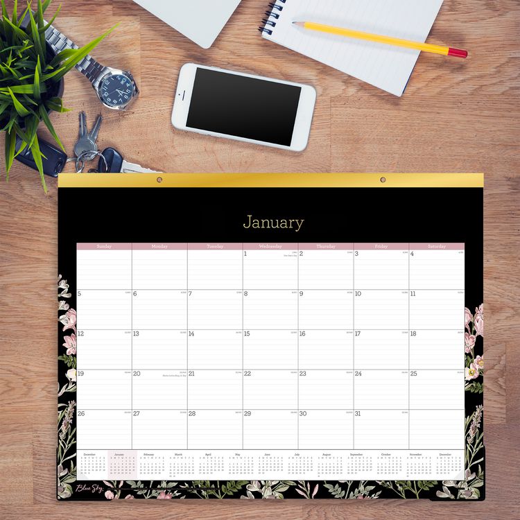 Neveah Monthly Desk Pad Calendar, Floral Artwork, 22" x 17", White/Black/Pink Sheets, Gold Headband, 12-Month (Jan-Dec): 2026