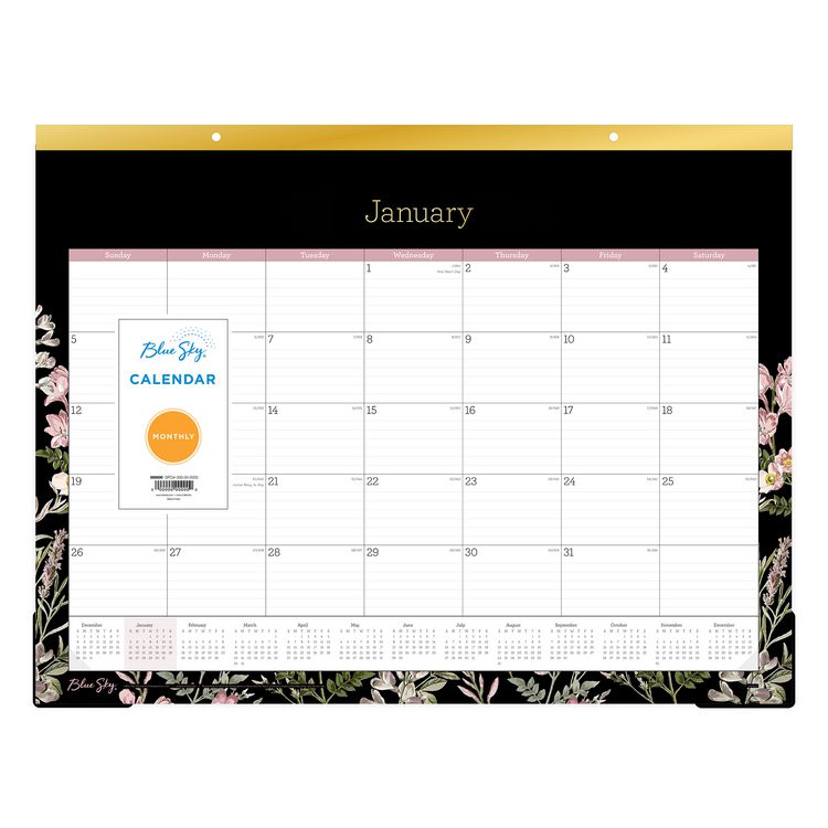 Neveah Monthly Desk Pad Calendar, Floral Artwork, 22" x 17", White/Black/Pink Sheets, Gold Headband, 12-Month (Jan-Dec): 2026