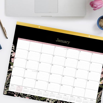 Neveah Monthly Desk Pad Calendar, Floral Artwork, 22" x 17", White/Black/Pink Sheets, Gold Headband, 12-Month (Jan-Dec): 2026
