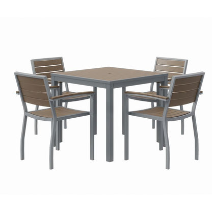 Eveleen Outdoor Patio Table with Four Mocha Powder-Coated Polymer Chairs, Square, 32", Mocha