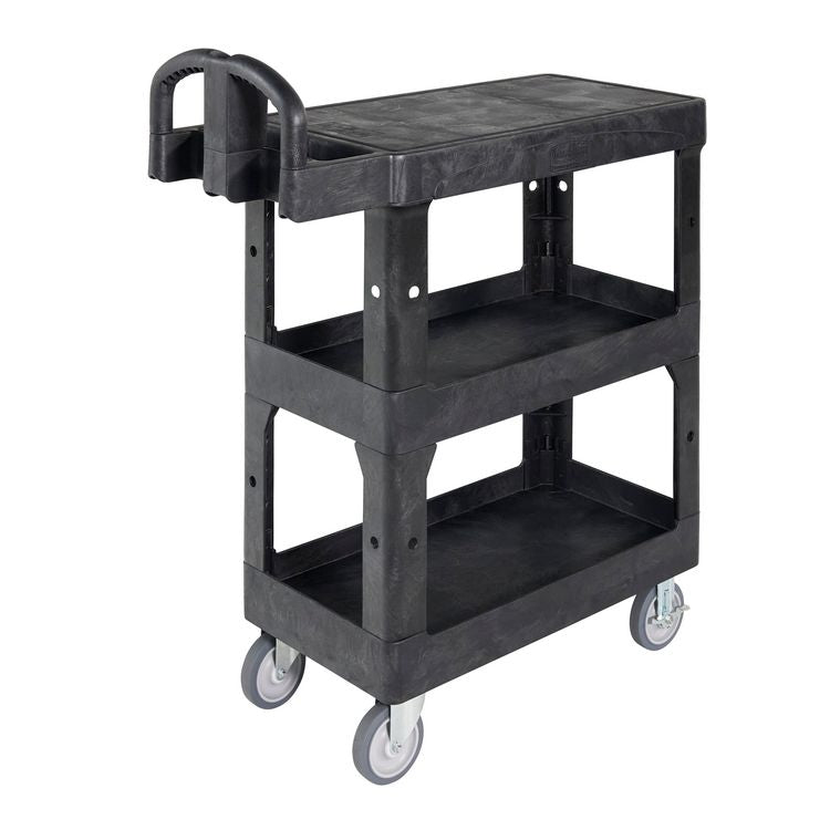 BRUTE 3-Shelf Heavy-Duty Ergo Flat Utility Cart, Plastic, 3 Shelves, 600 lb Capacity, 25.24" x 48.63" x 46.18", Black