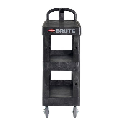 BRUTE 3-Shelf Heavy-Duty Ergo Flat Utility Cart, Plastic, 3 Shelves, 600 lb Capacity, 25.24" x 48.63" x 46.18", Black