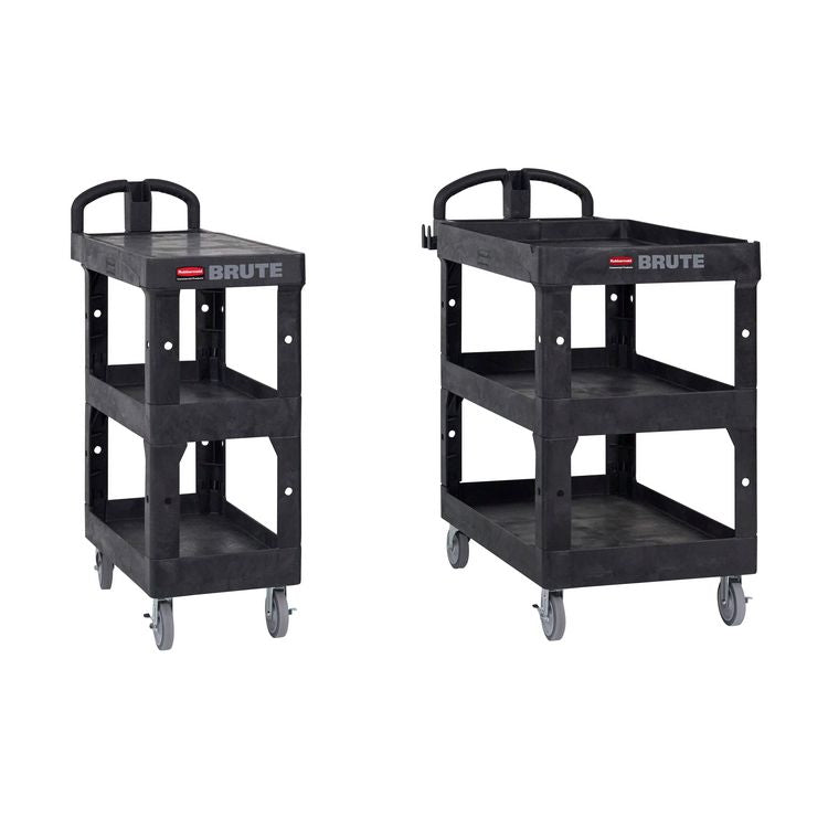 BRUTE 3-Shelf Heavy-Duty Ergo Flat Utility Cart, Plastic, 3 Shelves, 600 lb Capacity, 25.24" x 48.63" x 46.18", Black