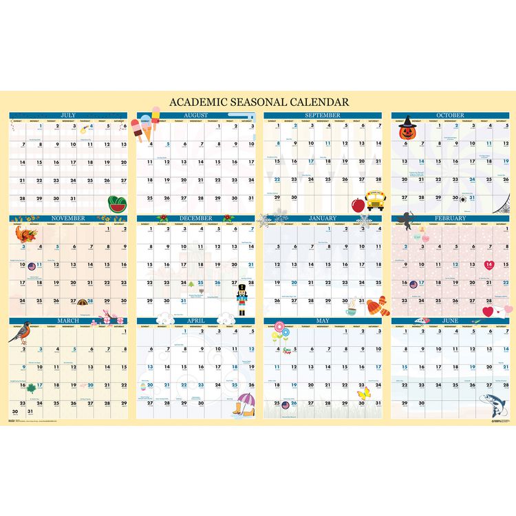 Recycled Academic Seasonal Laminated Wall Calendar, Illustrated Seasons, 24 x 37, 12-Month (July to June), 2025 to 2026