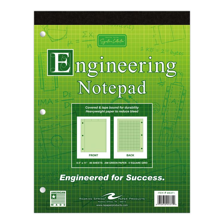 Covered Engineering Pad, Quadrille Rule (5 sq/in), (80) Green 8.5 x 11 Sheets, 24/Carton