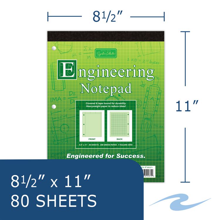 Covered Engineering Pad, Quadrille Rule (5 sq/in), (80) Green 8.5 x 11 Sheets, 24/Carton