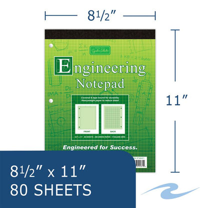 Covered Engineering Pad, Quadrille Rule (5 sq/in), (80) Green 8.5 x 11 Sheets, 24/Carton