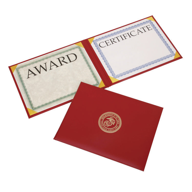 7510017146630, SKILCRAFT Awards Certificate Padded Cover Binder, USMC Seal, 11.62 x 9.12, Red/Gold
