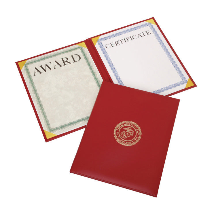 7510017146629, SKILCRAFT Awards Certificate Padded Cover Binder, USMC Seal, 9.12 x 11.62, Red/Gold