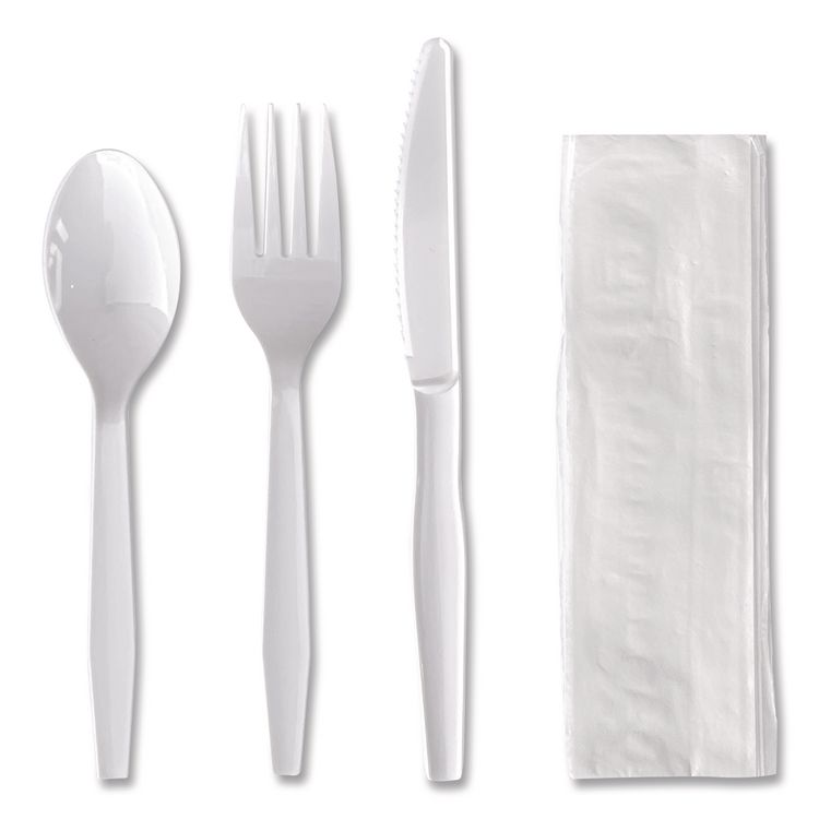 Four-Piece Polystyrene Cutlery Kit, Mediumweight, Fork/Knife/Napkin/Spoon, Plastic, White, 250/Carton
