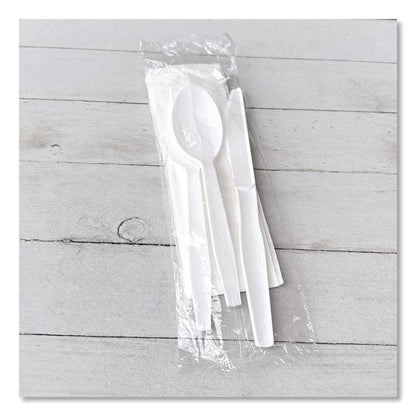 Four-Piece Polystyrene Cutlery Kit, Mediumweight, Fork/Knife/Napkin/Spoon, Plastic, White, 250/Carton