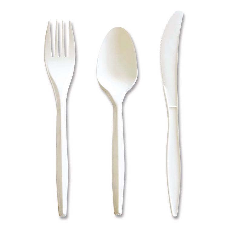 Three-Piece Cutlery Kit, Mediumweight, Fork/Knife/Spoon, 6.97", Plastic, White, 250/Carton