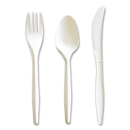 Three-Piece Cutlery Kit, Mediumweight, Fork/Knife/Spoon, 6.97", Plastic, White, 250/Carton
