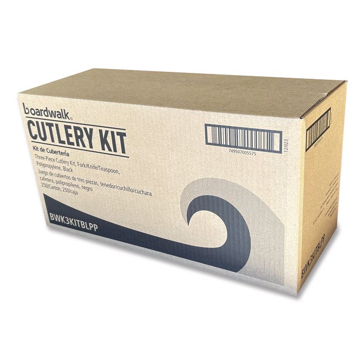 Three-Piece Polypropylene Cutlery Kit, Mediumweight, Fork/Knife/Spoon, Plastic, Black, 250/Carton