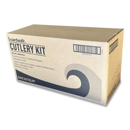 Three-Piece Polypropylene Cutlery Kit, Mediumweight, Fork/Knife/Spoon, Plastic, Black, 250/Carton