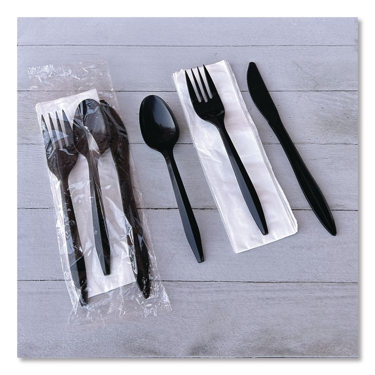 Four-Piece Cutlery Kit, Mediumweight, Fork/Knife/Napkin/Spoon, Plastic, 6.38", Black, 250/Carton