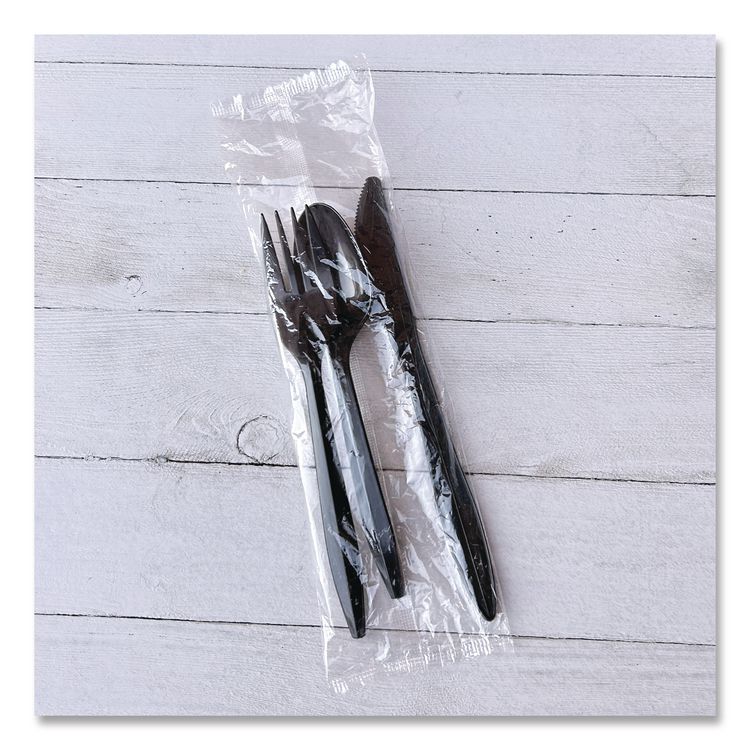 Three-Piece Polypropylene Cutlery Kit, Mediumweight, Fork/Knife/Spoon, Plastic, Black, 250/Carton