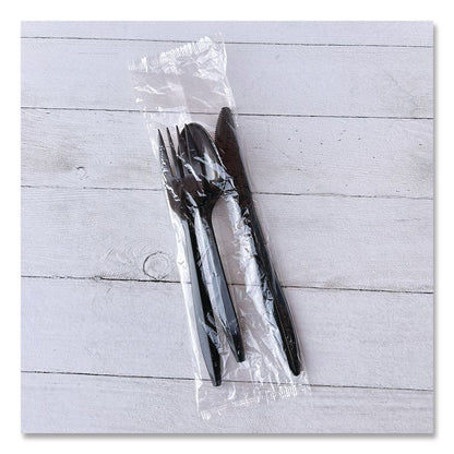 Three-Piece Polypropylene Cutlery Kit, Mediumweight, Fork/Knife/Spoon, Plastic, Black, 250/Carton