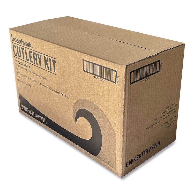 Three-Piece Polystyrene Cutlery Kit, Heavyweight, Fork/Knife/Spoon, Plastic, White, 250/Carton