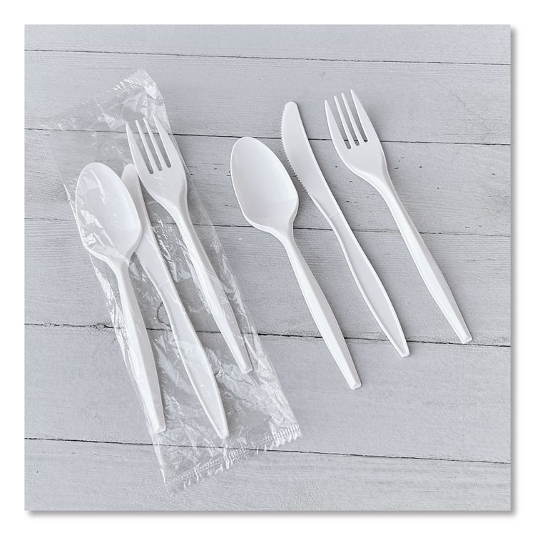 Three-Piece Cutlery Kit, Mediumweight, Fork/Knife/Spoon, 6.97", Plastic, White, 250/Carton