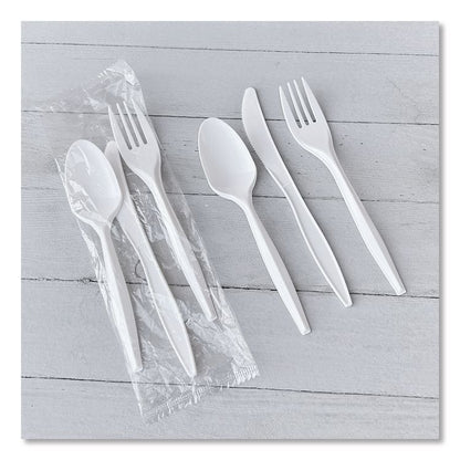 Three-Piece Cutlery Kit, Mediumweight, Fork/Knife/Spoon, 6.97", Plastic, White, 250/Carton