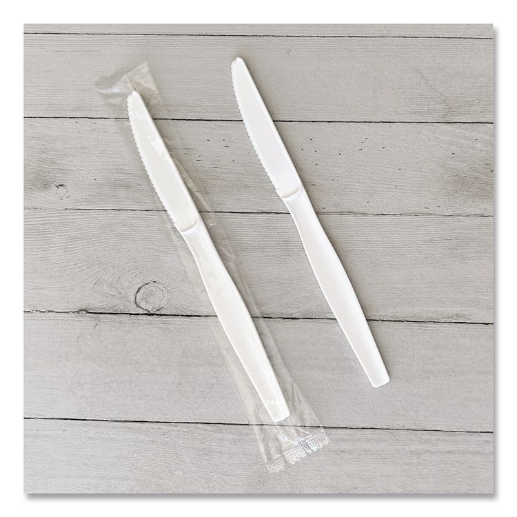 Heavyweight Wrapped Polystyrene Cutlery, Knife, Plastic, White, 1,000/Carton