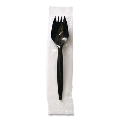 Mediumweight Wrapped Polypropylene Cutlery, Spork, Plastic, Black, 1,000/Carton