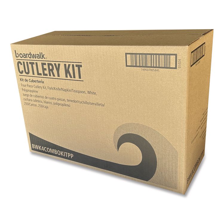 Four-Piece Polypropylene Cutlery Kit, Mediumweight, Fork/Knife/Napkin/Spoon, Plastic, White, 250/Carton
