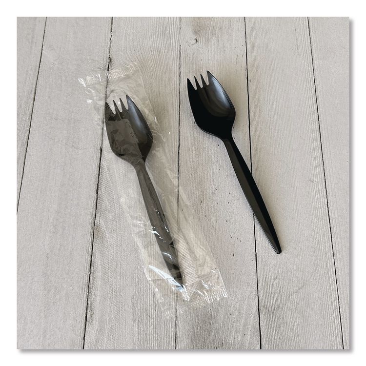 Mediumweight Wrapped Polypropylene Cutlery, Spork, Plastic, Black, 1,000/Carton