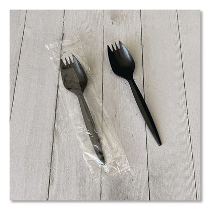 Mediumweight Wrapped Polypropylene Cutlery, Spork, Plastic, Black, 1,000/Carton