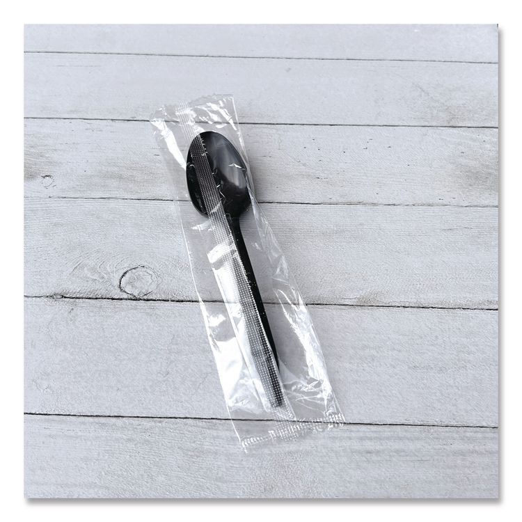 Mediumweight Polypropylene Cutlery, Individually Wrapped, Spoon, Plastic, Black, 1,000/Carton