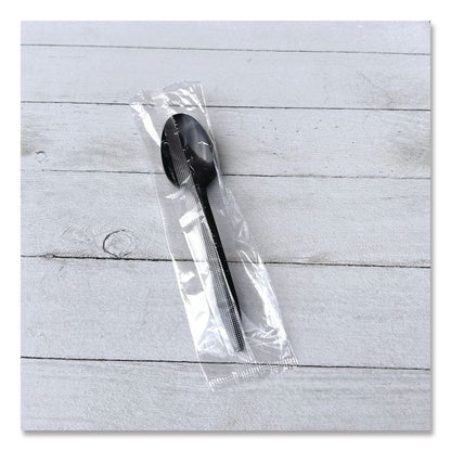 Mediumweight Polypropylene Cutlery, Individually Wrapped, Spoon, Plastic, Black, 1,000/Carton
