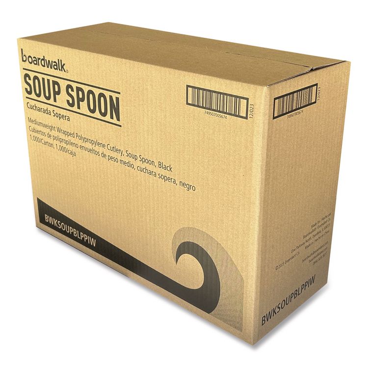 Mediumweight Wrapped Polypropylene Cutlery, Soup Spoon, Plastic, Black, 1,000/Carton