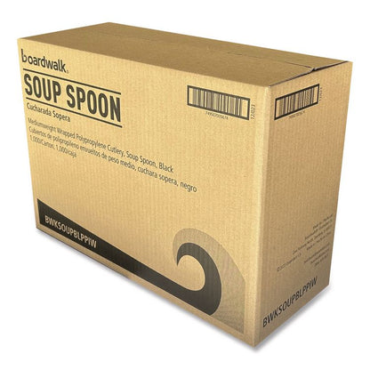 Mediumweight Wrapped Polypropylene Cutlery, Soup Spoon, Plastic, Black, 1,000/Carton