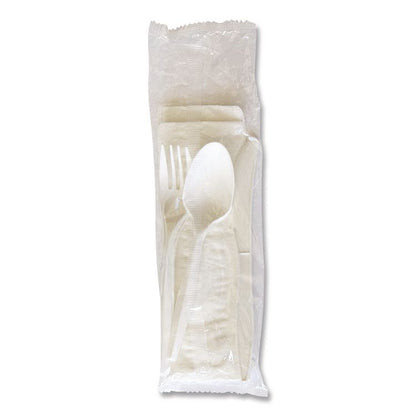 Four-Piece Polypropylene Cutlery Kit, Mediumweight, Fork/Knife/Napkin/Spoon, Plastic, White, 250/Carton