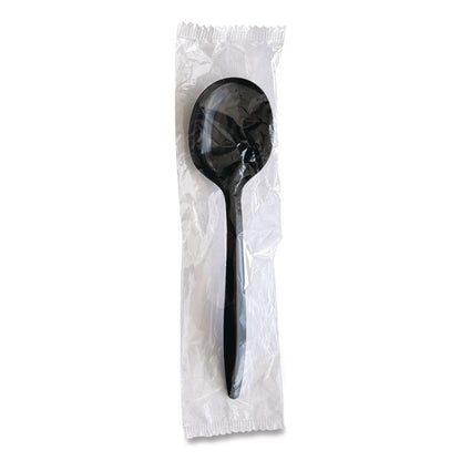 Mediumweight Wrapped Polypropylene Cutlery, Soup Spoon, Plastic, Black, 1,000/Carton