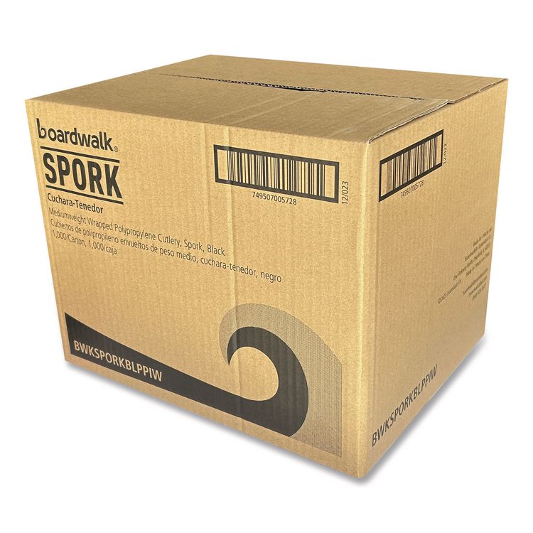 Mediumweight Wrapped Polypropylene Cutlery, Spork, Plastic, Black, 1,000/Carton