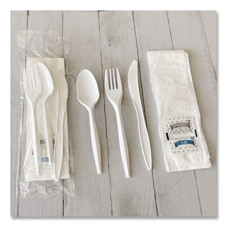 Six-Piece Cutlery Kit, Mediumweight, Fork/Knife/Napkin/Pepper/Salt/Spoon, 5.86", Plastic, White, 250/Carton