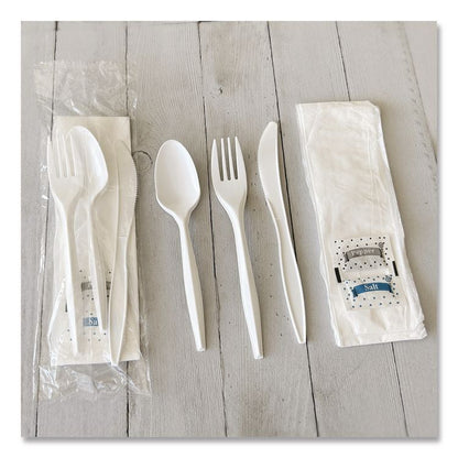 Six-Piece Cutlery Kit, Mediumweight, Fork/Knife/Napkin/Pepper/Salt/Spoon, 5.86", Plastic, White, 250/Carton